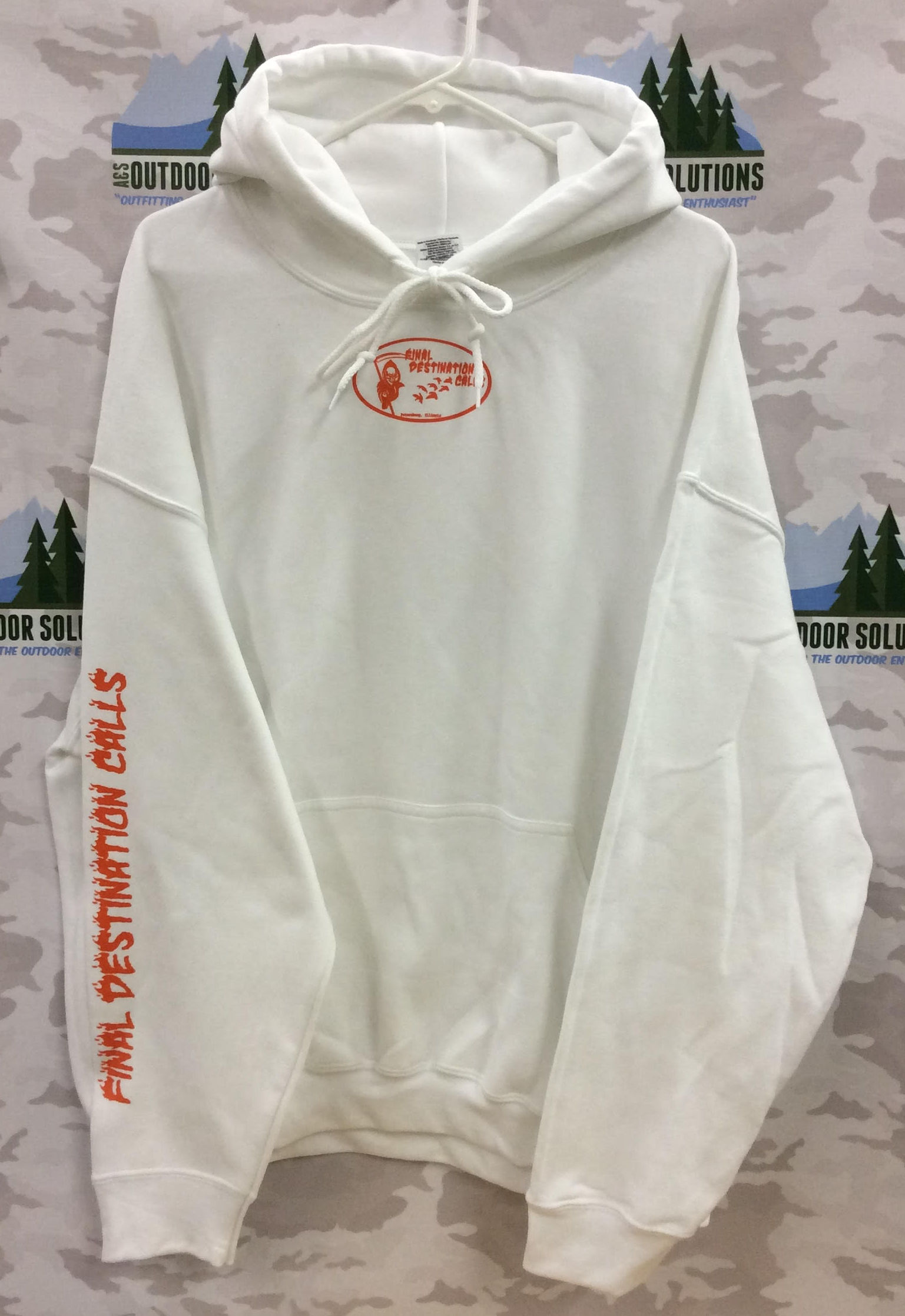 White Hooded Sweatshirt with Orange Logo from Final Destination Calls