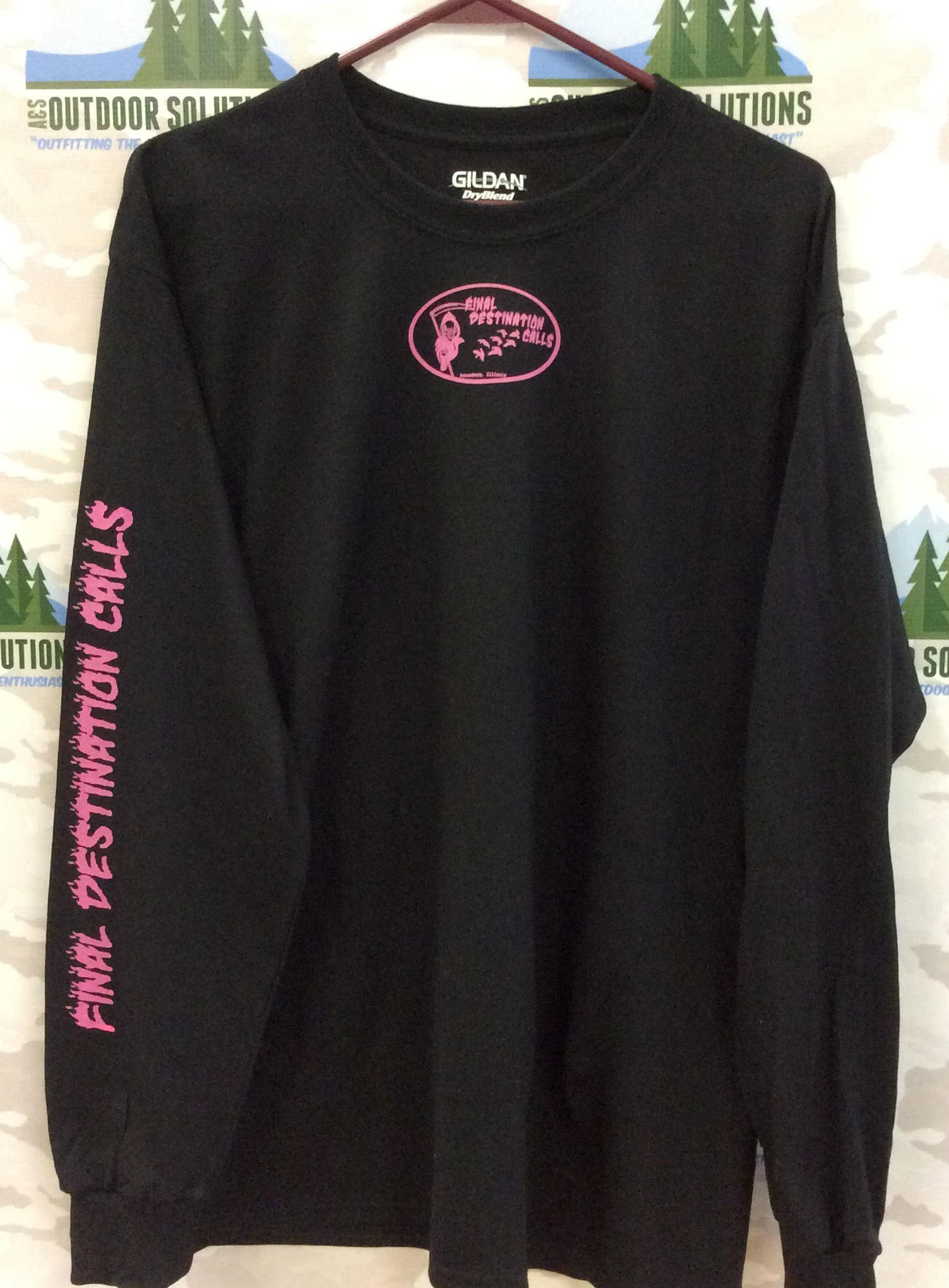 Black Long Sleeve Tee with Hot Pink Logo from Final Destination Calls