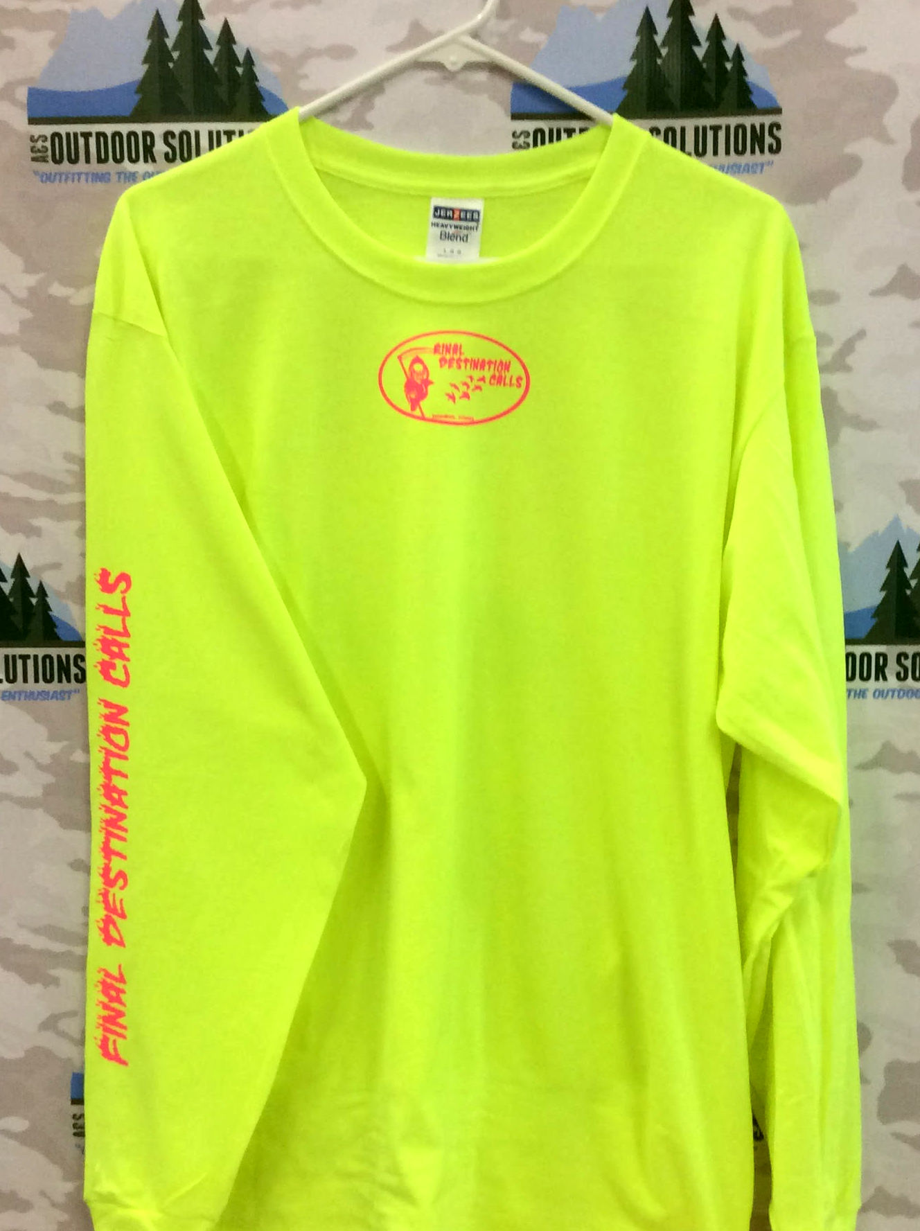 Safety Green Long Sleeve Tee with Hot Pink Logo from Final Destination Calls