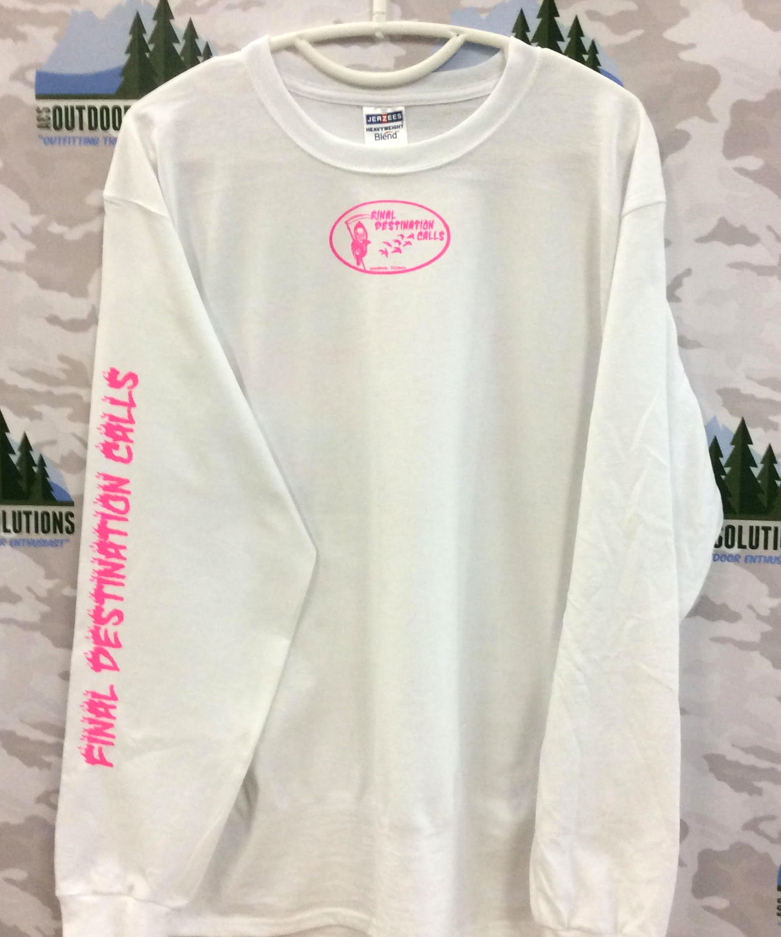 White Long Sleeve Tee with Hot Pink Logo from Final Destination Calls