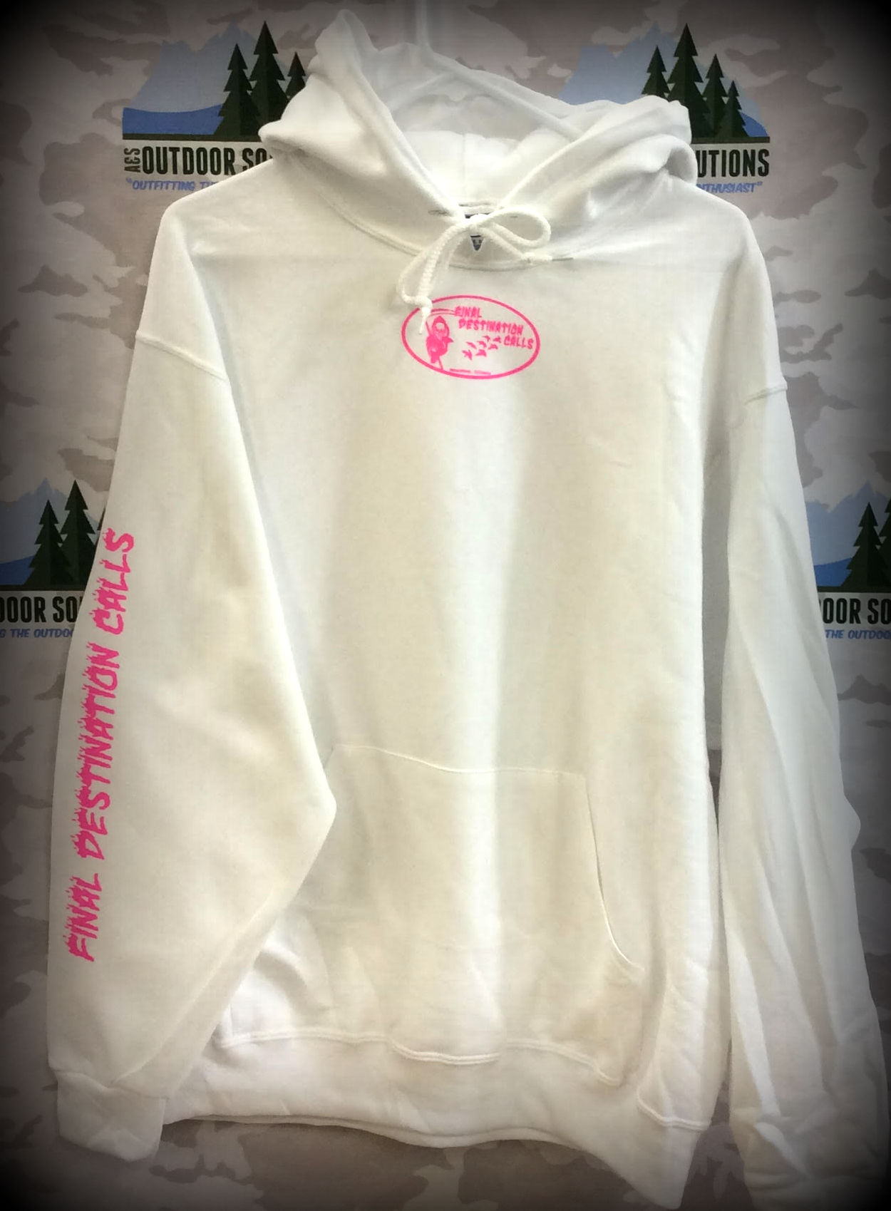 White Hooded Sweatshirt with Hot Pink Logo from Final Destination Calls